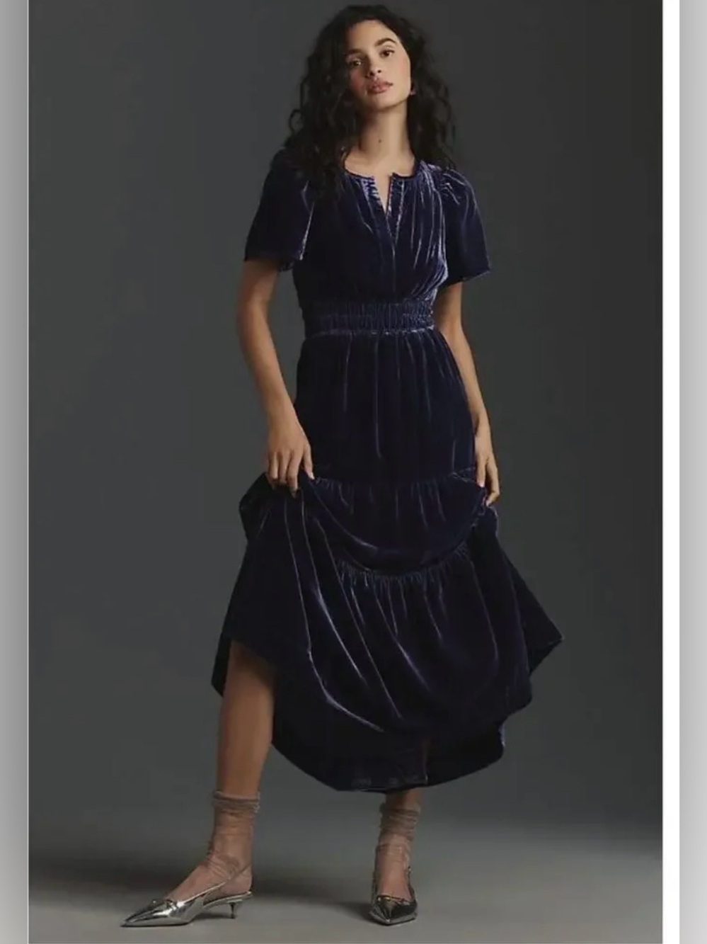 By Anthropologie Navy Blue Velvet Puff Sleeve Smocked Waist Midi Dress M